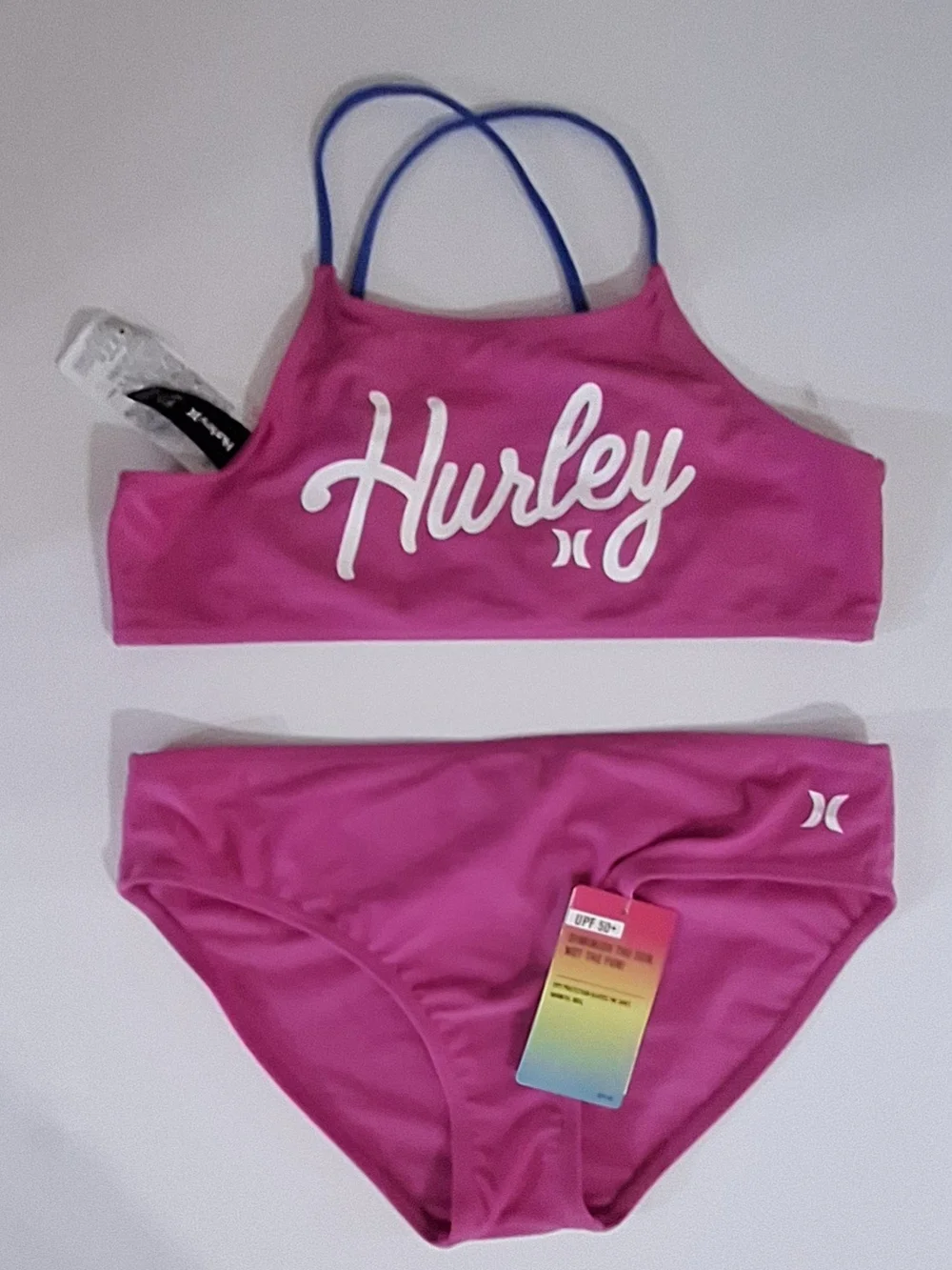 NWT Hurley Girls Hot Pink Fuchsia Bikini Set w/ Purple Straps UPF 50+ Sz XL (16)